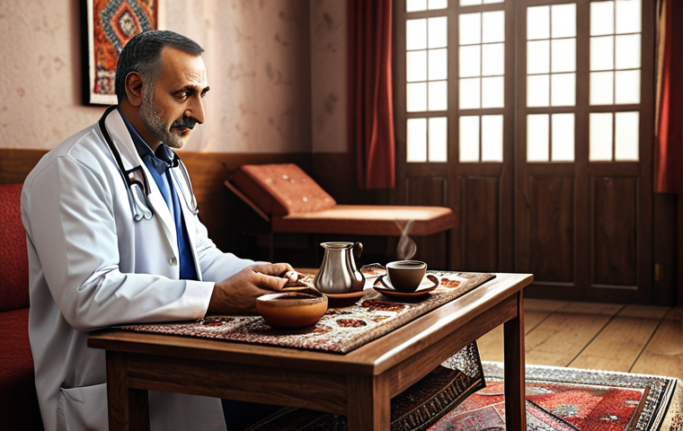 **

A compassionate doctor attentively listening to a patient in a cozy consultation room. Emphasize empathy, warmth, and trust. Soft, natural lighting. Incorporate elements of Turkish culture like a Turkish coffee set on a table or a traditional rug in the background.

**