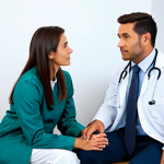 A professional female doctor, dressed in a modest, professional lab coat, is seated across from a male patient in a modern, well-lit medical consultation room. The doctor is leaning slightly forward, maintaining eye contact with an empathetic expression, actively listening. The male patient, fully clothed in appropriate attire, is speaking calmly. The room has a warm, inviting atmosphere with subtle, professional decor. The scene emphasizes trust, understanding, and human connection in healthcare. safe for work, appropriate content, fully clothed, professional dress, modest clothing, family-friendly, perfect anatomy, correct proportions, natural pose, well-formed hands, proper finger count, high-quality professional photography, detailed, realistic.