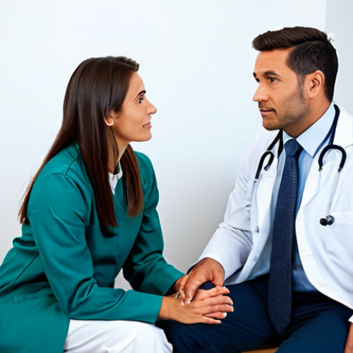 A professional female doctor, dressed in a modest, professional lab coat, is seated across from a male patient in a modern, well-lit medical consultation room. The doctor is leaning slightly forward, maintaining eye contact with an empathetic expression, actively listening. The male patient, fully clothed in appropriate attire, is speaking calmly. The room has a warm, inviting atmosphere with subtle, professional decor. The scene emphasizes trust, understanding, and human connection in healthcare. safe for work, appropriate content, fully clothed, professional dress, modest clothing, family-friendly, perfect anatomy, correct proportions, natural pose, well-formed hands, proper finger count, high-quality professional photography, detailed, realistic.
