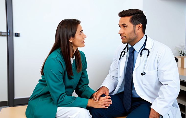 A professional female doctor, dressed in a modest, professional lab coat, is seated across from a male patient in a modern, well-lit medical consultation room. The doctor is leaning slightly forward, maintaining eye contact with an empathetic expression, actively listening. The male patient, fully clothed in appropriate attire, is speaking calmly. The room has a warm, inviting atmosphere with subtle, professional decor. The scene emphasizes trust, understanding, and human connection in healthcare. safe for work, appropriate content, fully clothed, professional dress, modest clothing, family-friendly, perfect anatomy, correct proportions, natural pose, well-formed hands, proper finger count, high-quality professional photography, detailed, realistic.