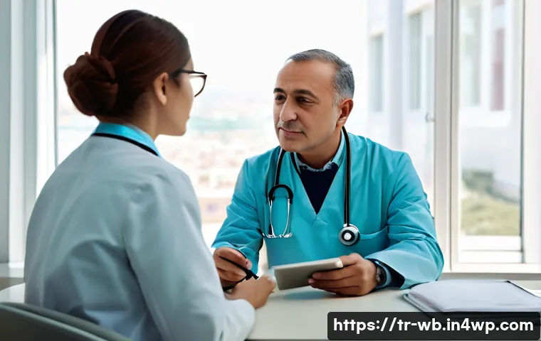 내러티브 의학의 개요 및 정의 - A warm and empathetic clinical scene inside a modern Turkish hospital consultation room, a middle-ag...